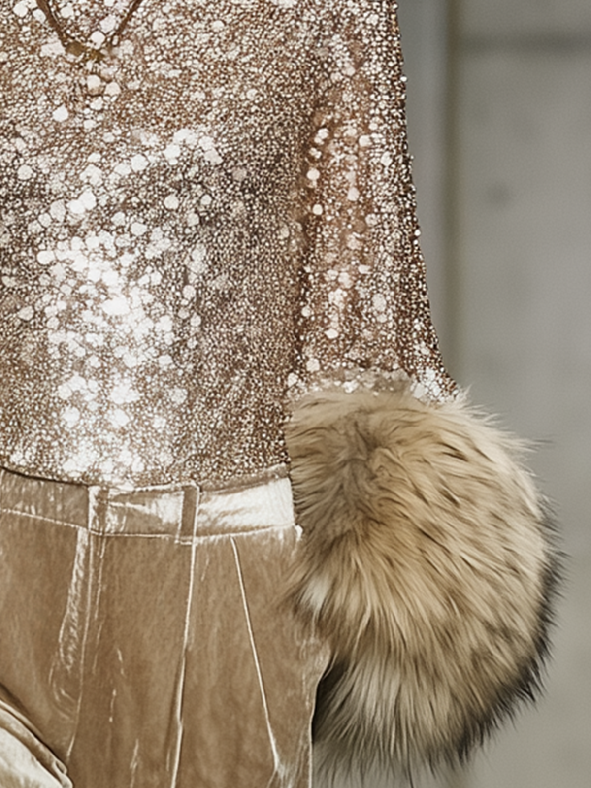 Golden Sequin Chiffon Shirt With Faux Fur Cuff Detail