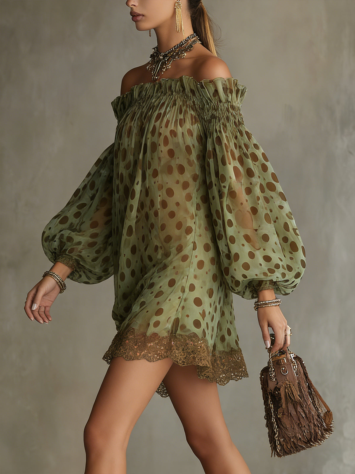 Olive Polka Dot Off-Shoulder Sheer Balloon-Sleeve Lace Hem Mini Dress