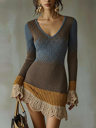 Multicolor Knit Mini Dress With Lace Ruffle Trim