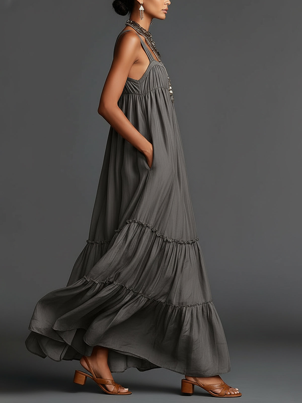 Gray Tiered Maxi Dress With Double Straps And Flowy Silhouette