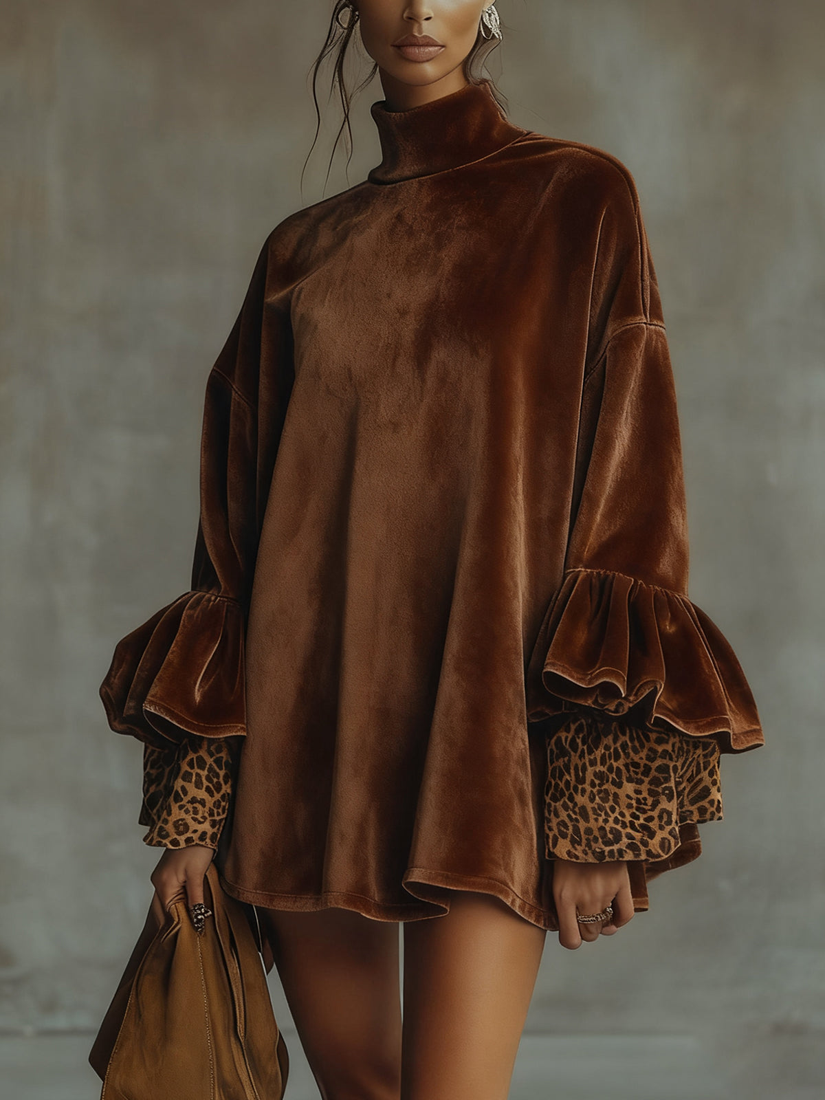 Chocolate Velvet Leopard Cuff Flounce Sleeve Mini Dress