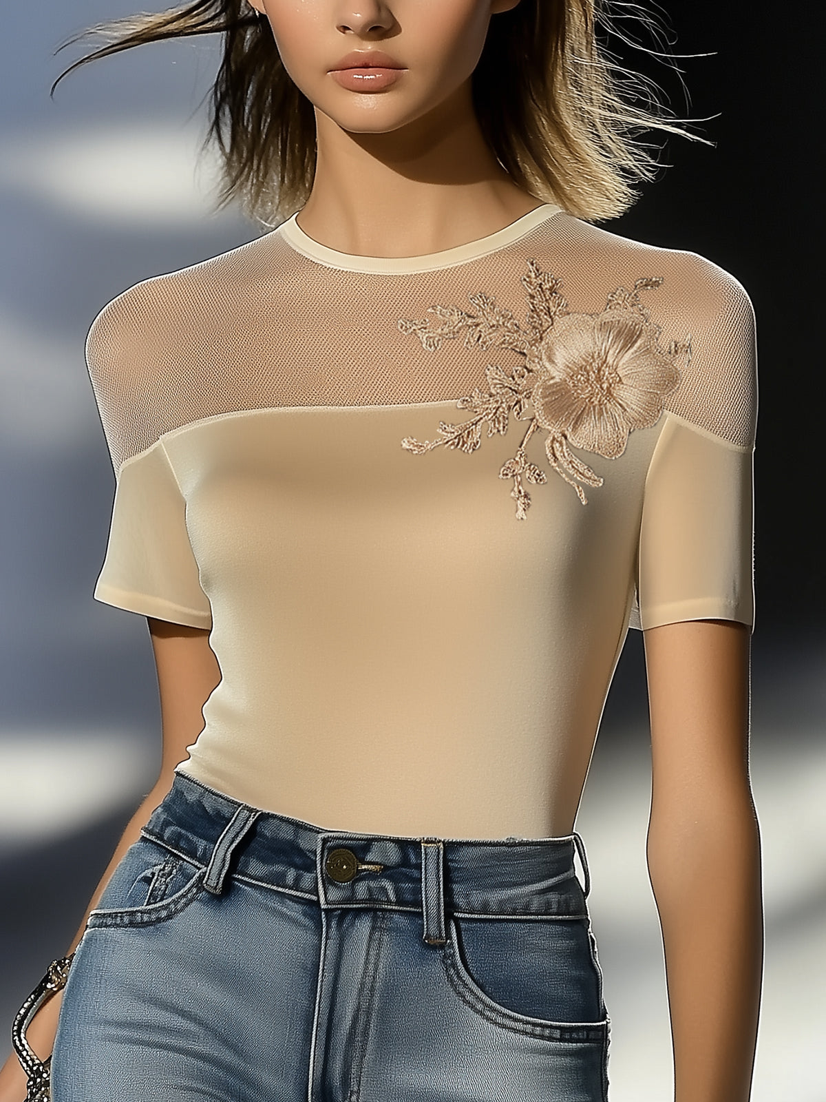 Floral Embroidered T-shirt With Mesh Neckline