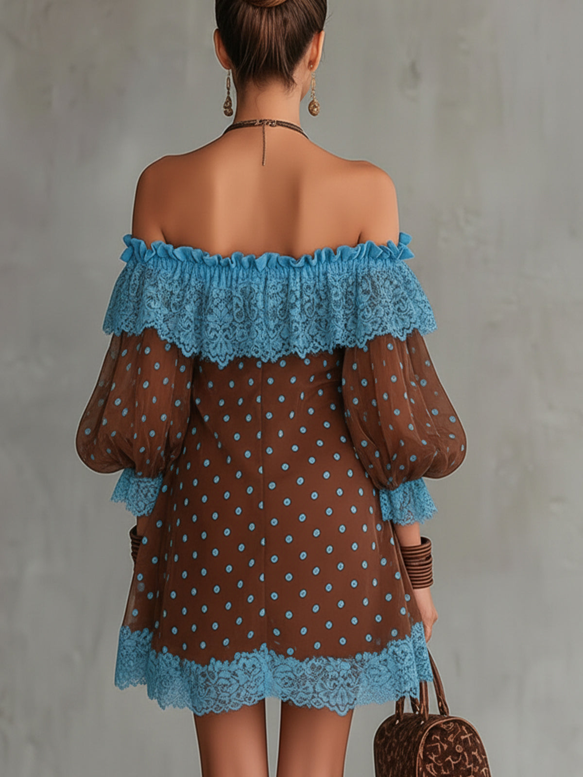 Brown And Blue Off-Shoulder Polka Dot Lace Mini Dress
