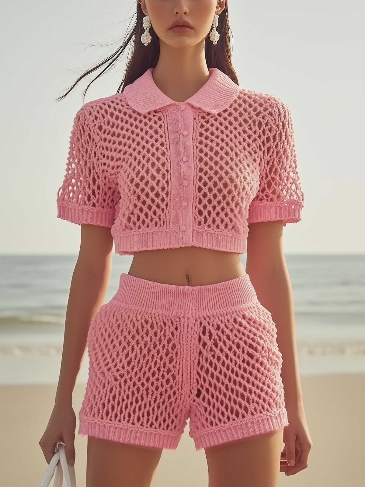 Trendy Pink Knit Hollow-Out Top and Shorts Set