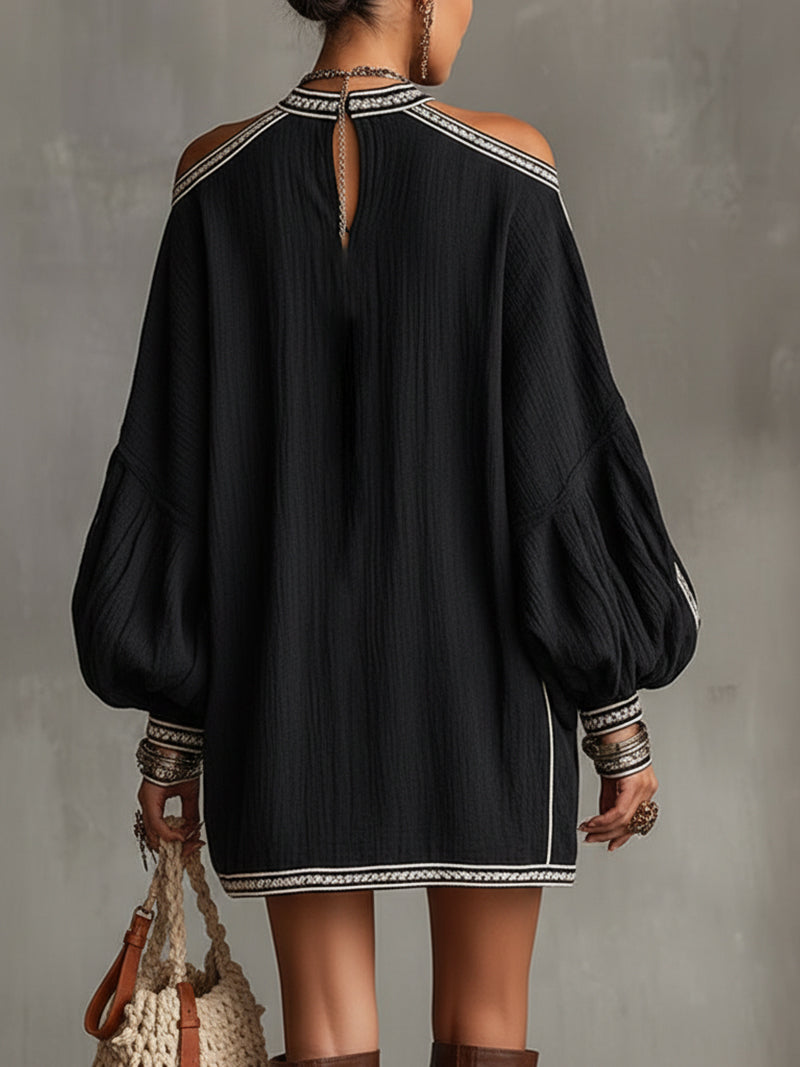 Black Boho Cold Shoulder Lantern Sleeve Linen Mini Dress