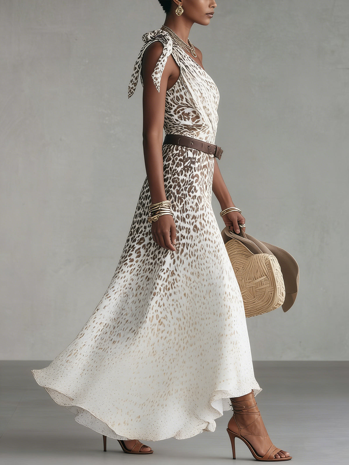 One-Shoulder Animal Print Belted Flowy Maxi Dress