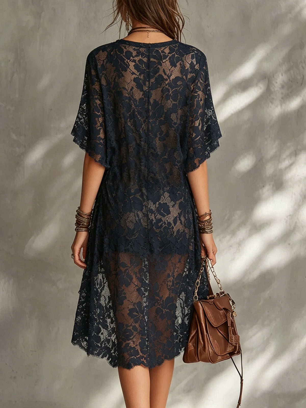 Navy Floral Lace Deep V High-Low Mini Dress