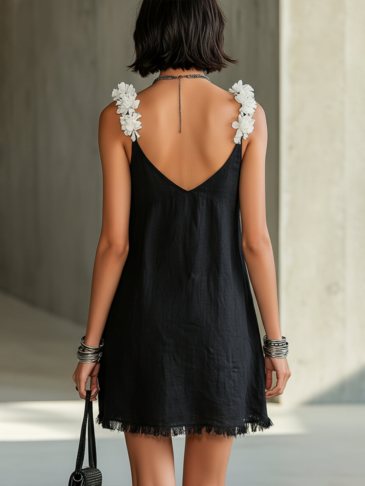 Black V-Neck Mini Dress With Floral Shoulder Straps