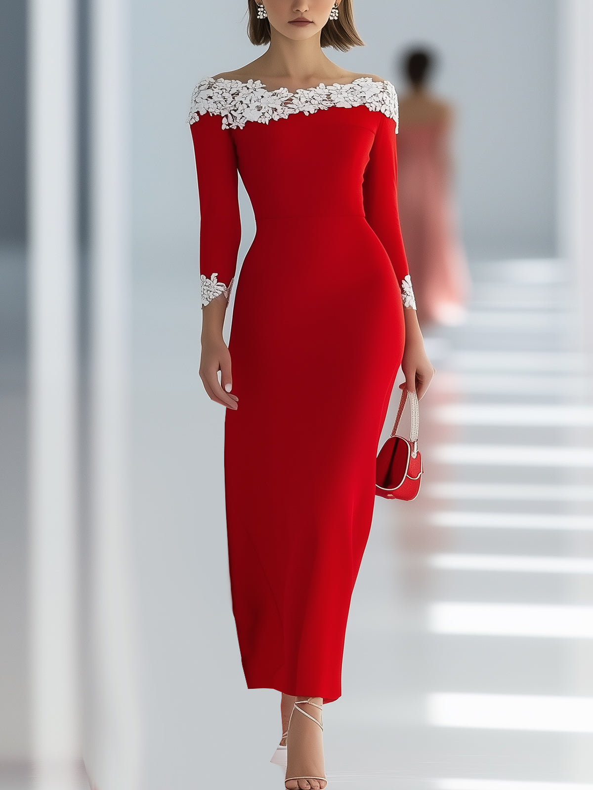 Red Bodycon Dress With White Lace Neckline And Cuff Details