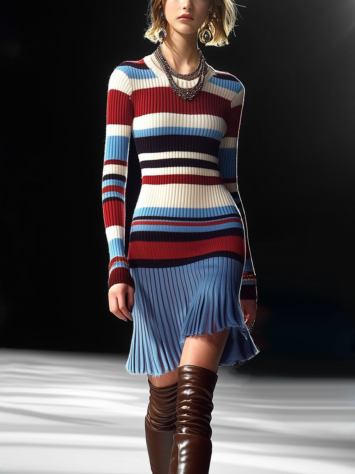 Colorblock Ribbed Knit Dress With Flared Hem
