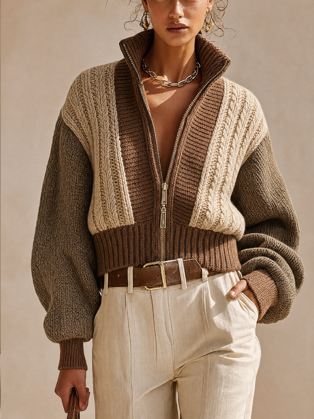 Color Block Cable Knit Zip‑Up Cropped Knit Jacket