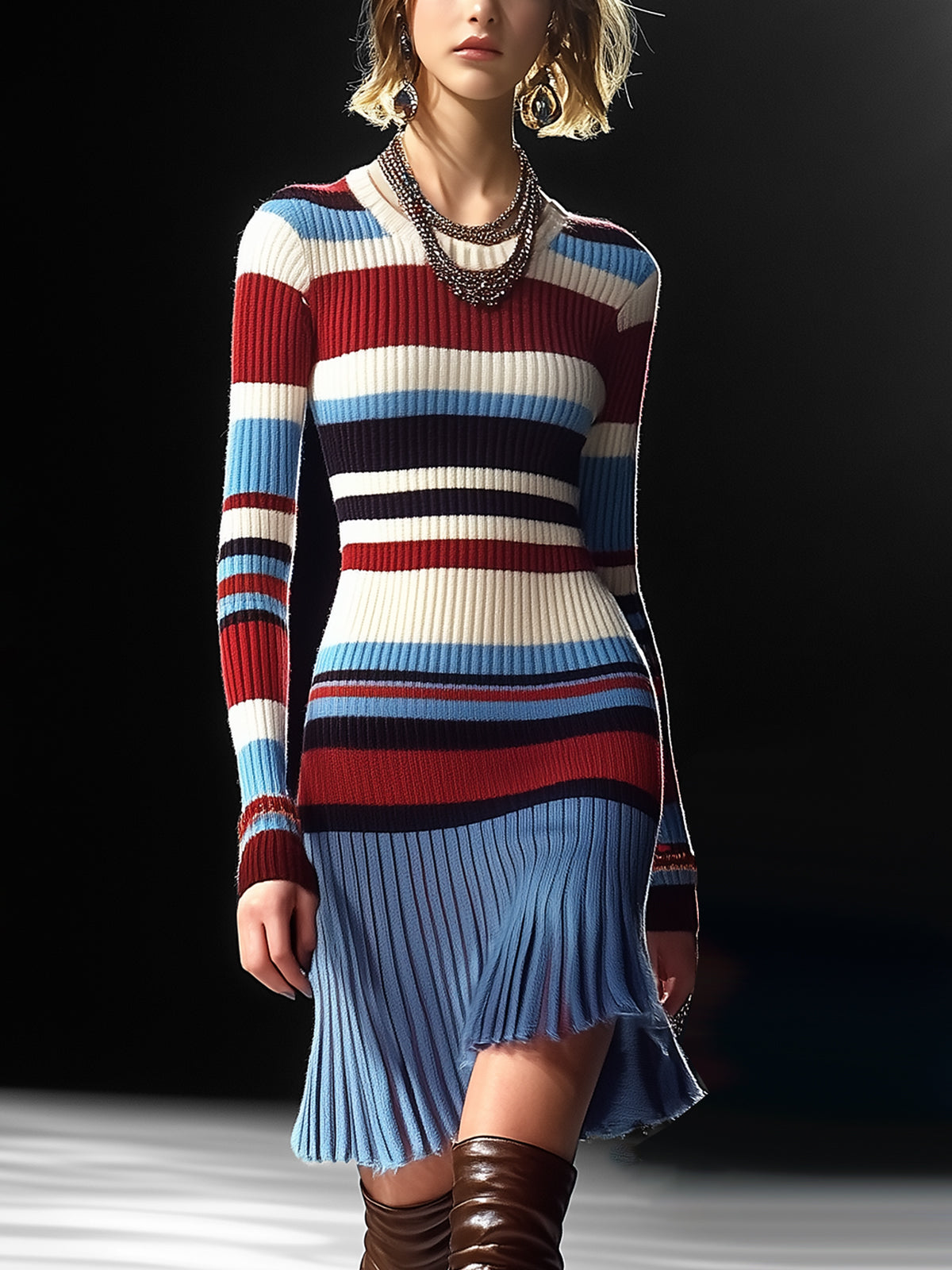 Colorblock Ribbed Knit Dress With Flared Hem