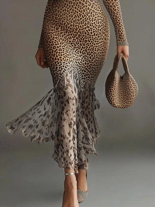 Leopard Print Deep V-Neck Mermaid Dress