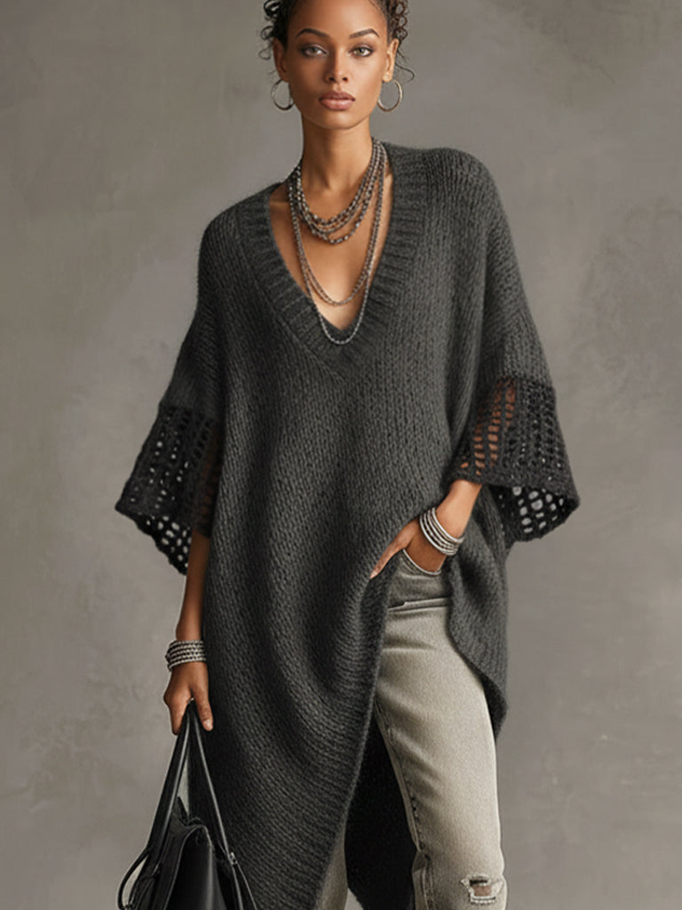 Gray Asymmetric Hem Loose Knit Dress With Crochet Mid Sleeves