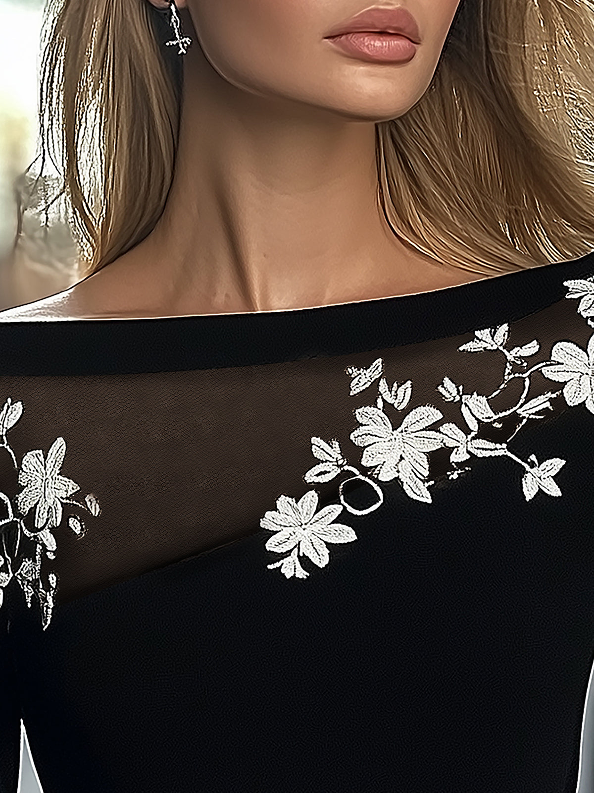 Black Top With Mesh Neckline And Floral Embroidery