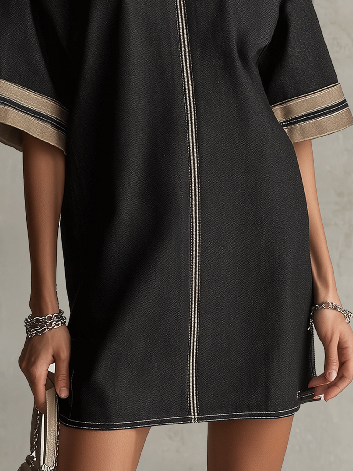 Black Zip-Front Mini Dress With Contrast Cuff Detail