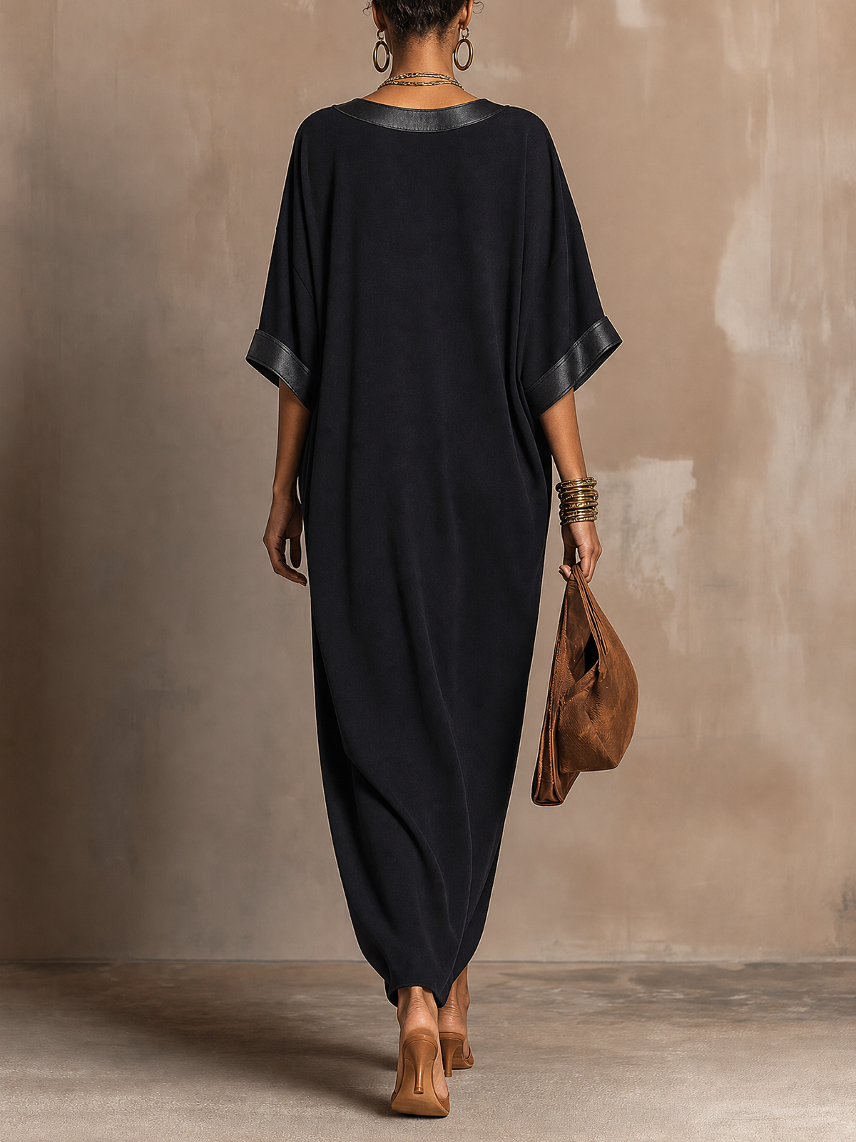 Black Faux Leather Trim V‑Neck Kaftan Maxi Dress
