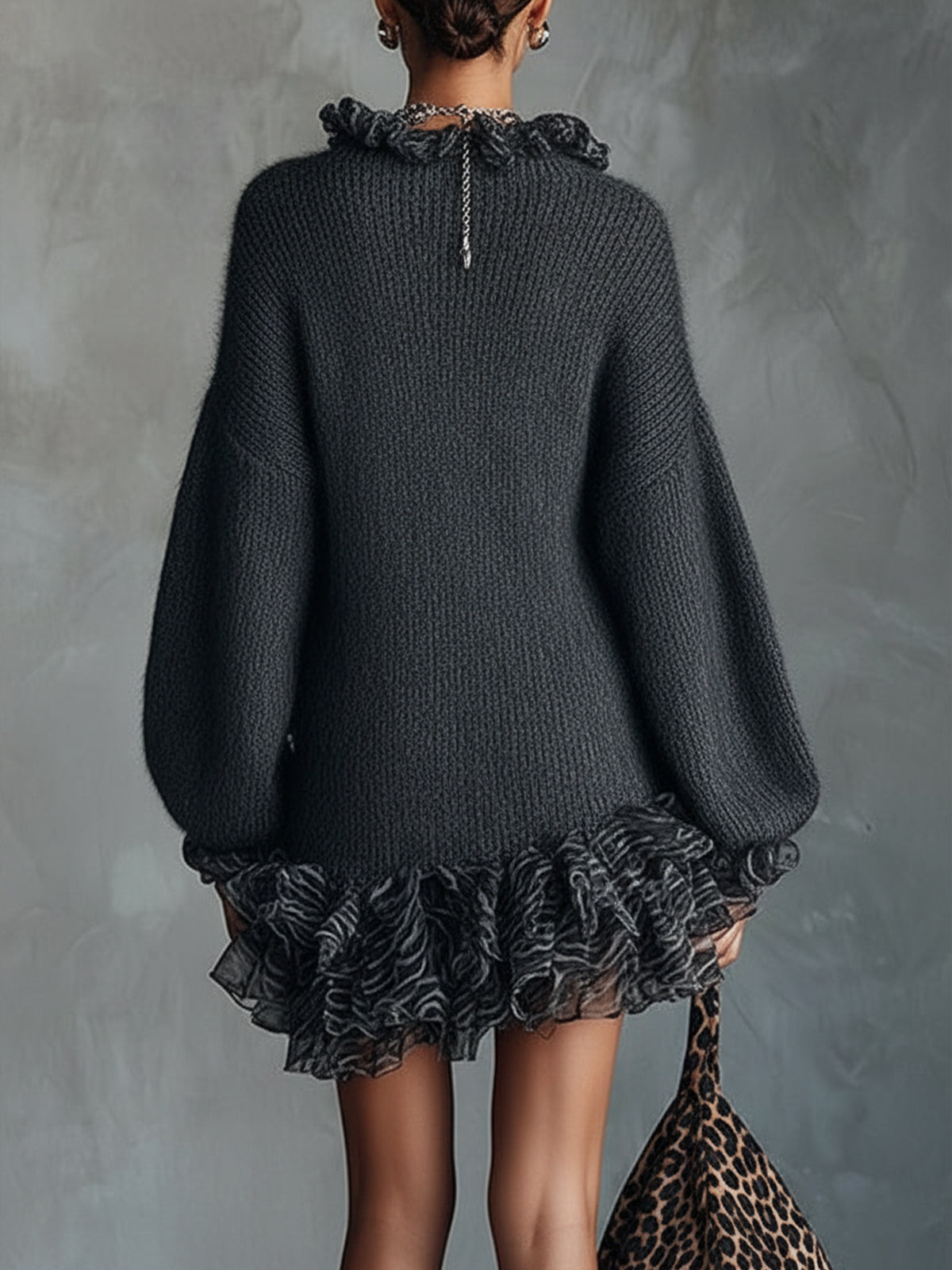 Gray Knit Mini Dress With Ruffled V-Neckline And Chiffon Hem