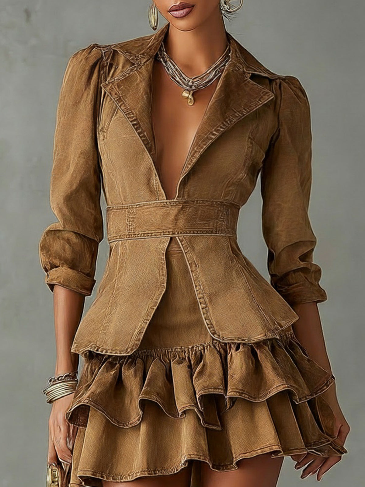 Vintage Brown Washed Cotton Ruffle Lapel Midi Sleeve Mini Dress