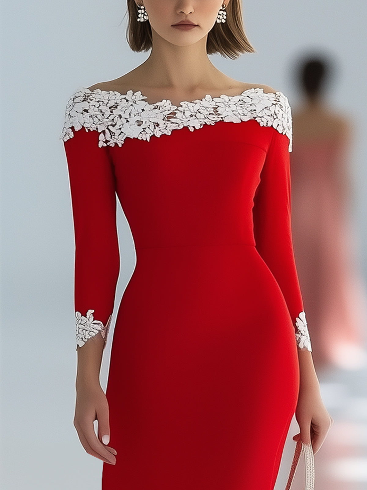 Red Bodycon Dress With White Lace Neckline And Cuff Details