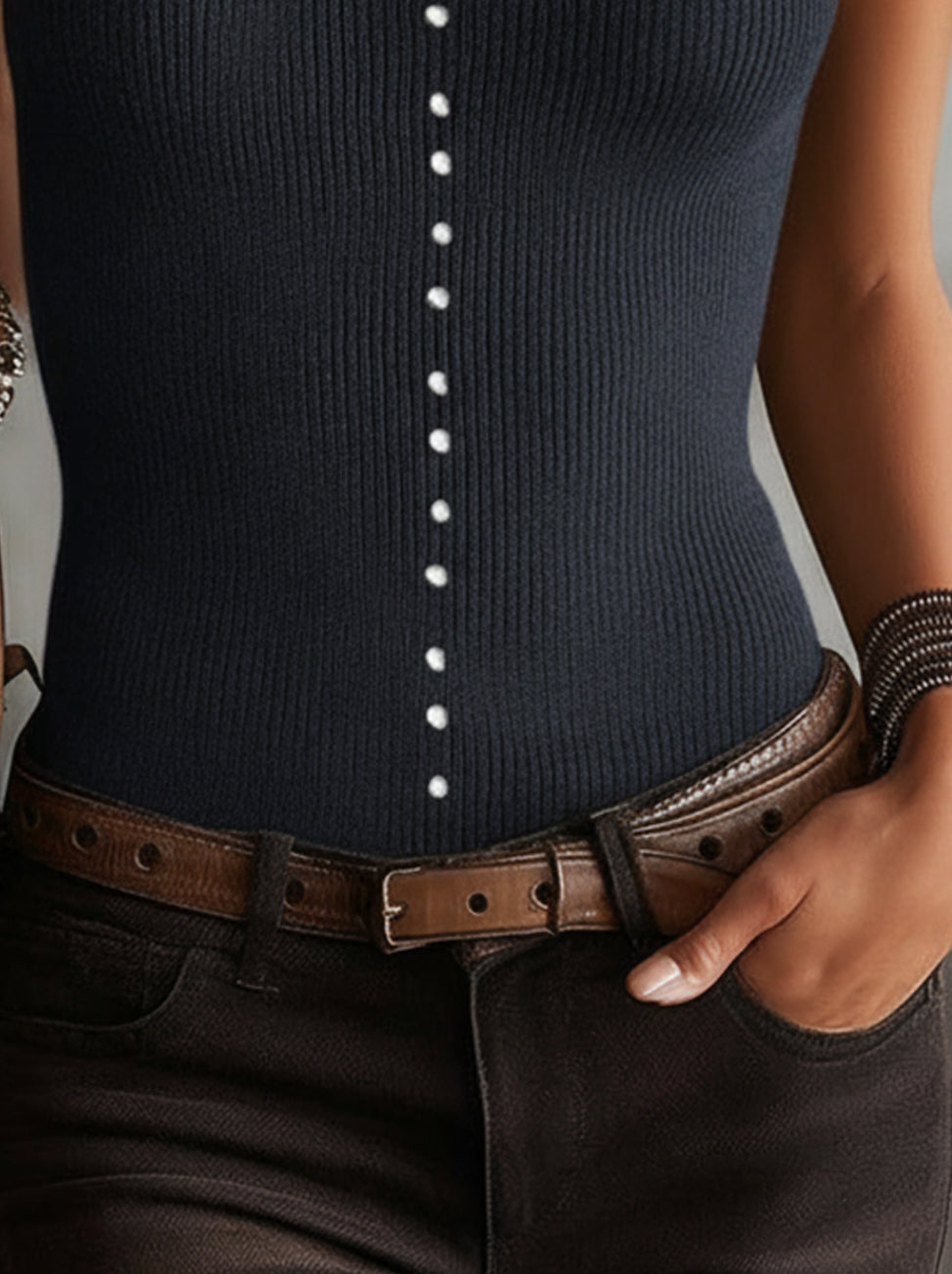 Gray Ribbed Knit Sleeveless Vest With Pearl Button Detailing
