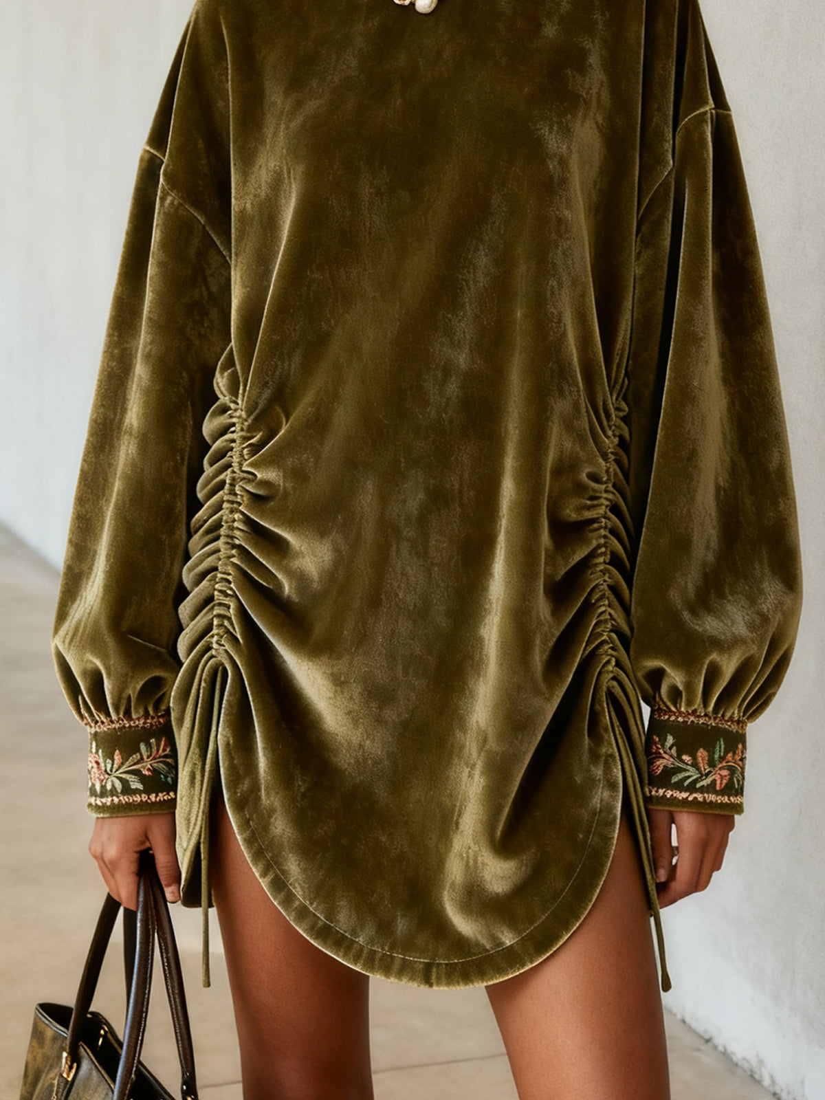 Olive Velvet Turtleneck Ruched Mini Dress With Embroidered Cuffs