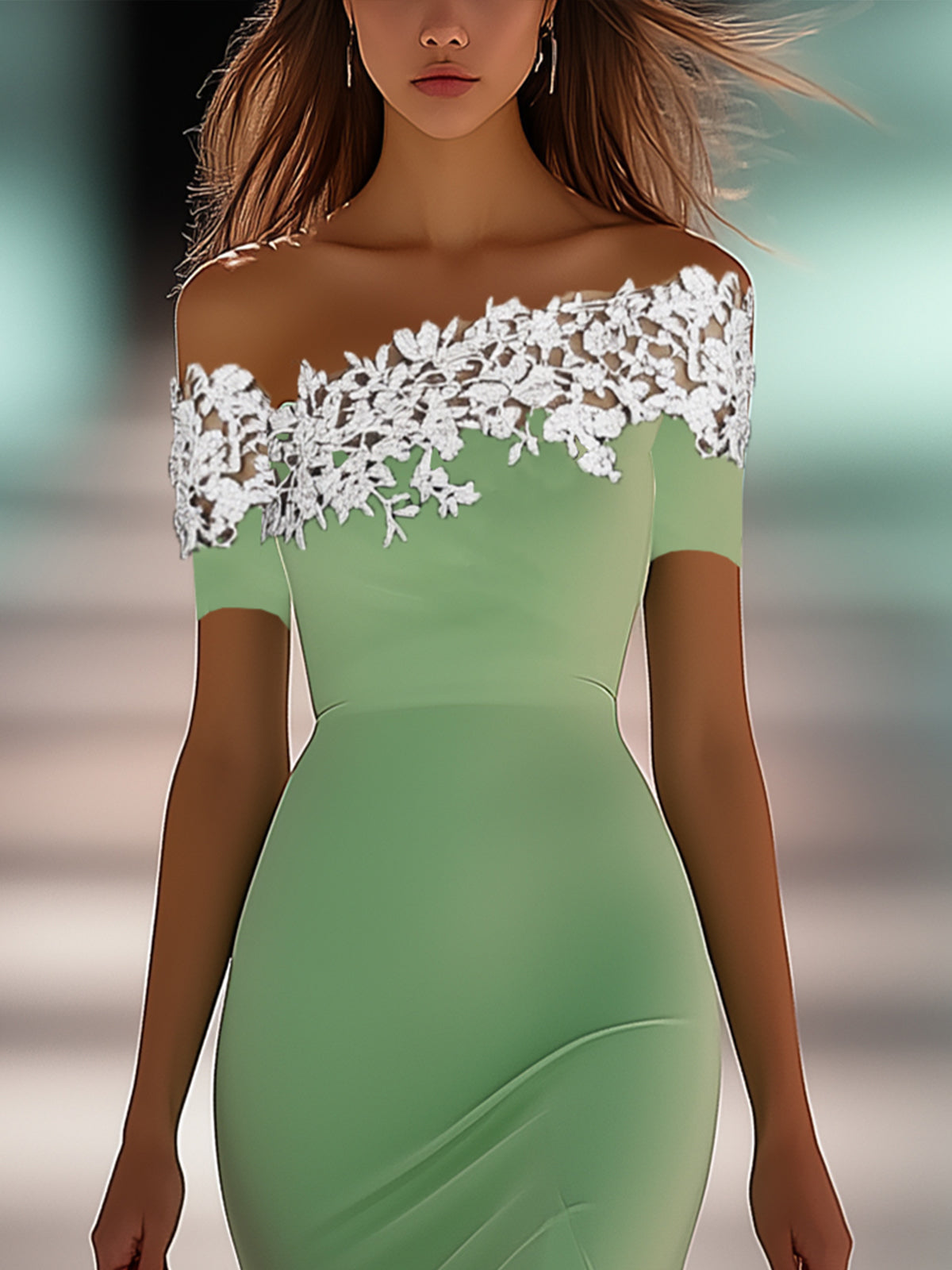 Unique Lace Off Shoulder Chiffon Hem Bodycon Dress