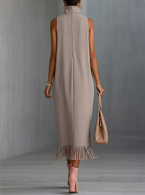 Gray Faux Suede Fringe Hem Sleeveless Turtleneck Midi Dress