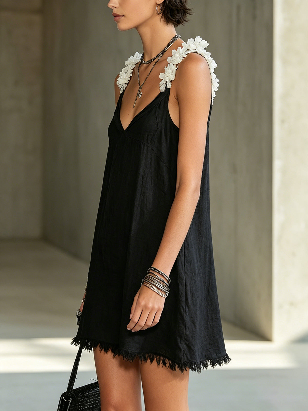 Black V-Neck Mini Dress With Floral Shoulder Straps