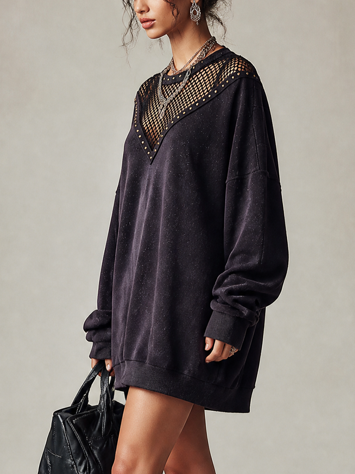 Deep Purple Studded Mesh Yoke Oversized Sweatshirt Mini Dress