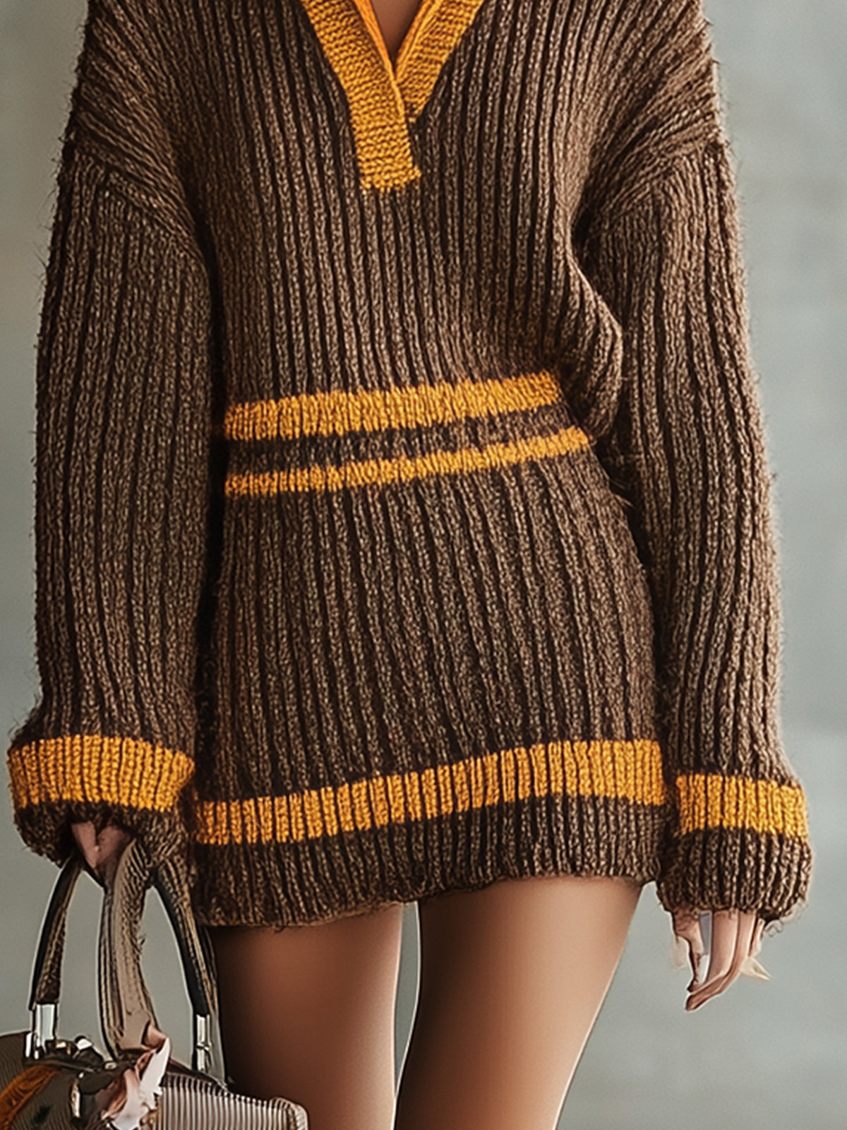 Brown Knitted Mini Dress With Orange Accents