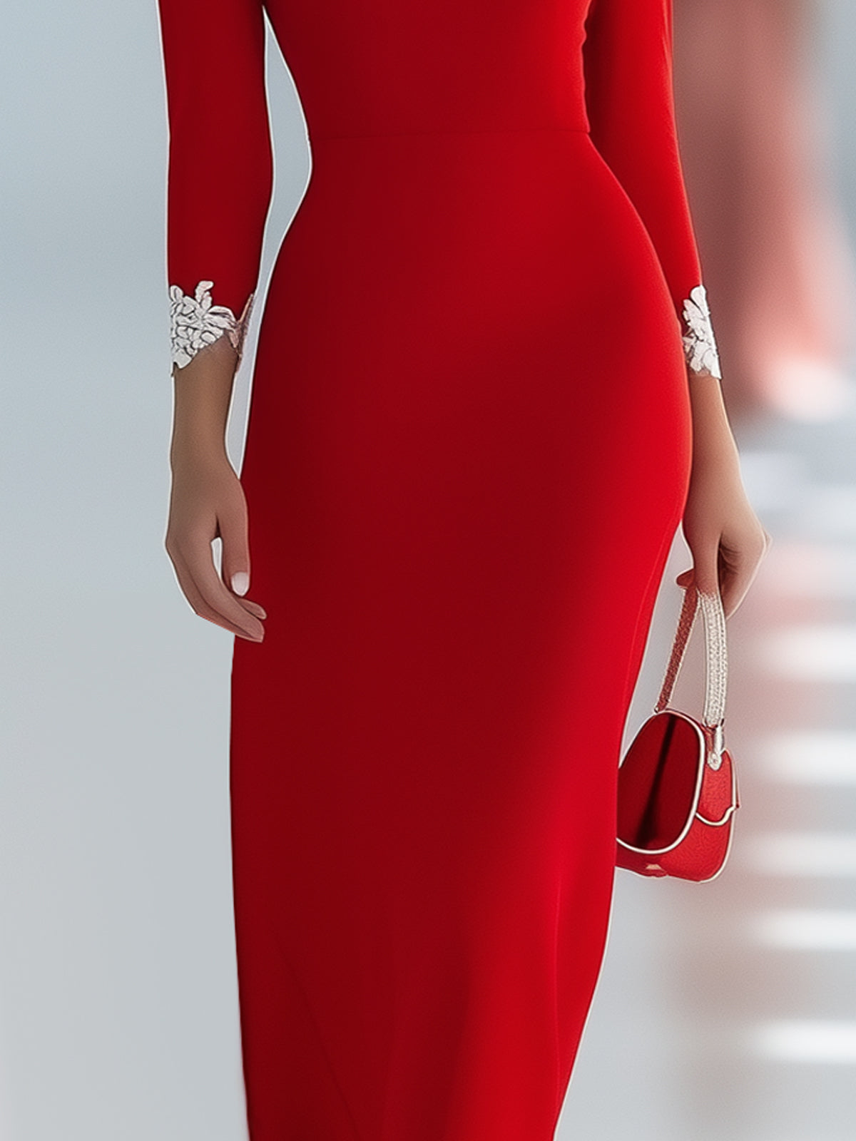 Red Bodycon Dress With White Lace Neckline And Cuff Details