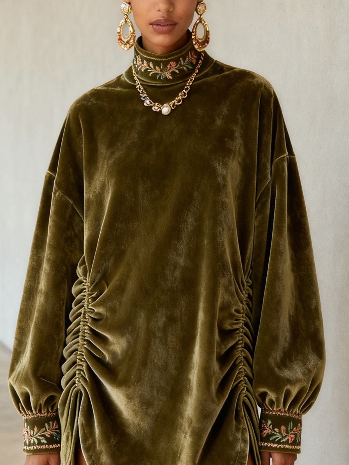 Olive Velvet Turtleneck Ruched Mini Dress With Embroidered Cuffs