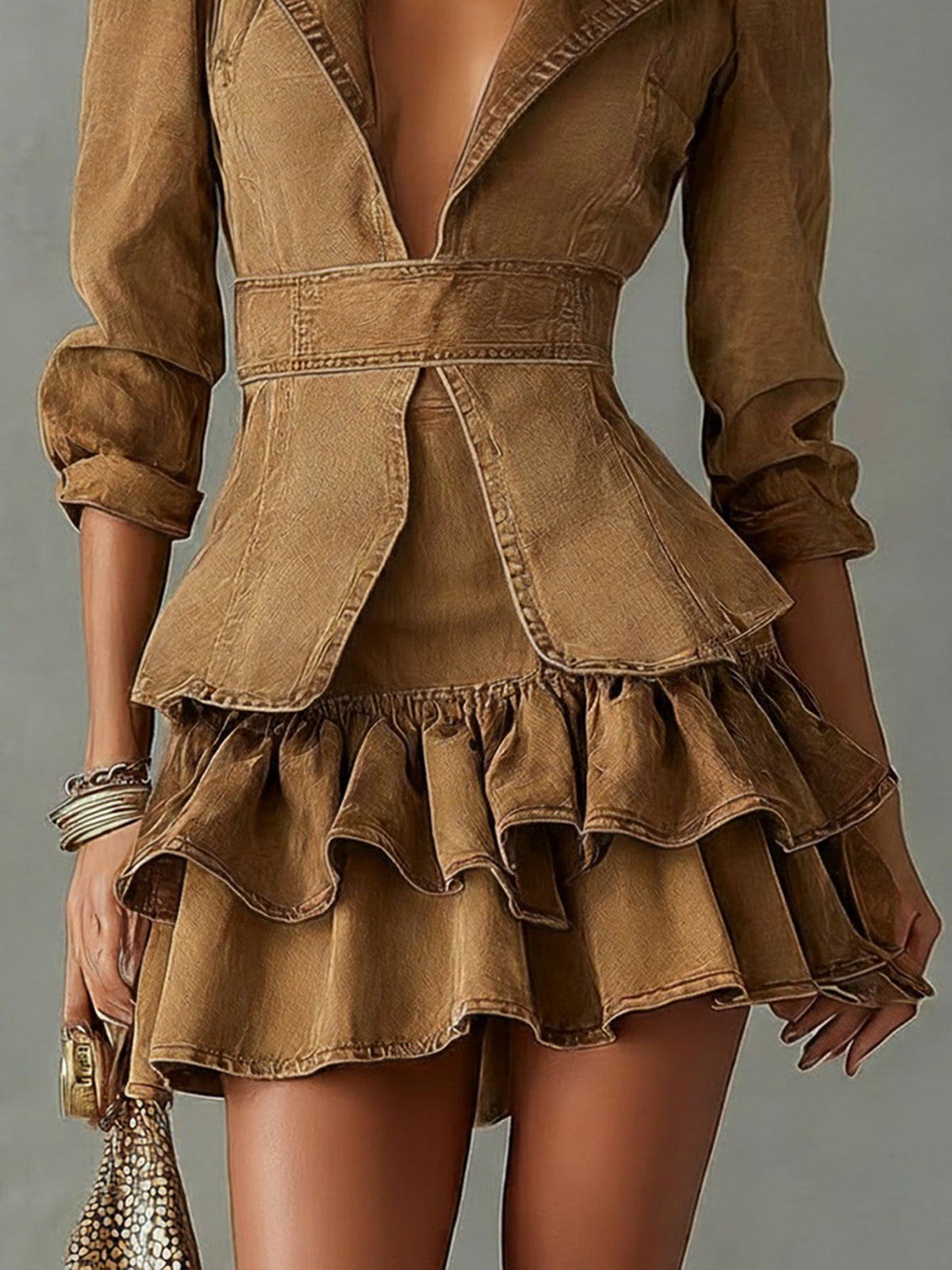 Vintage Brown Washed Cotton Ruffle Lapel Midi Sleeve Mini Dress