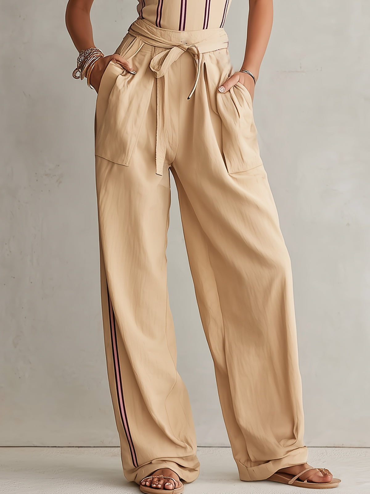 Khaki Striped Strapless Belted Wide-Leg Jumpsuit