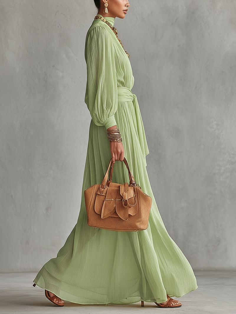 Green One-Shoulder Maxi Dress With Lace Trim And Waist Tie