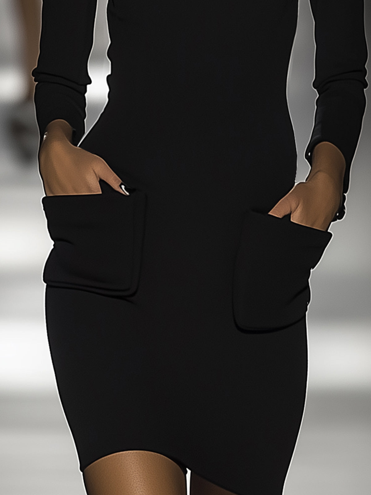 Black Bodycon Skirt With White Chiffon Ruffle Detailing And Pockets