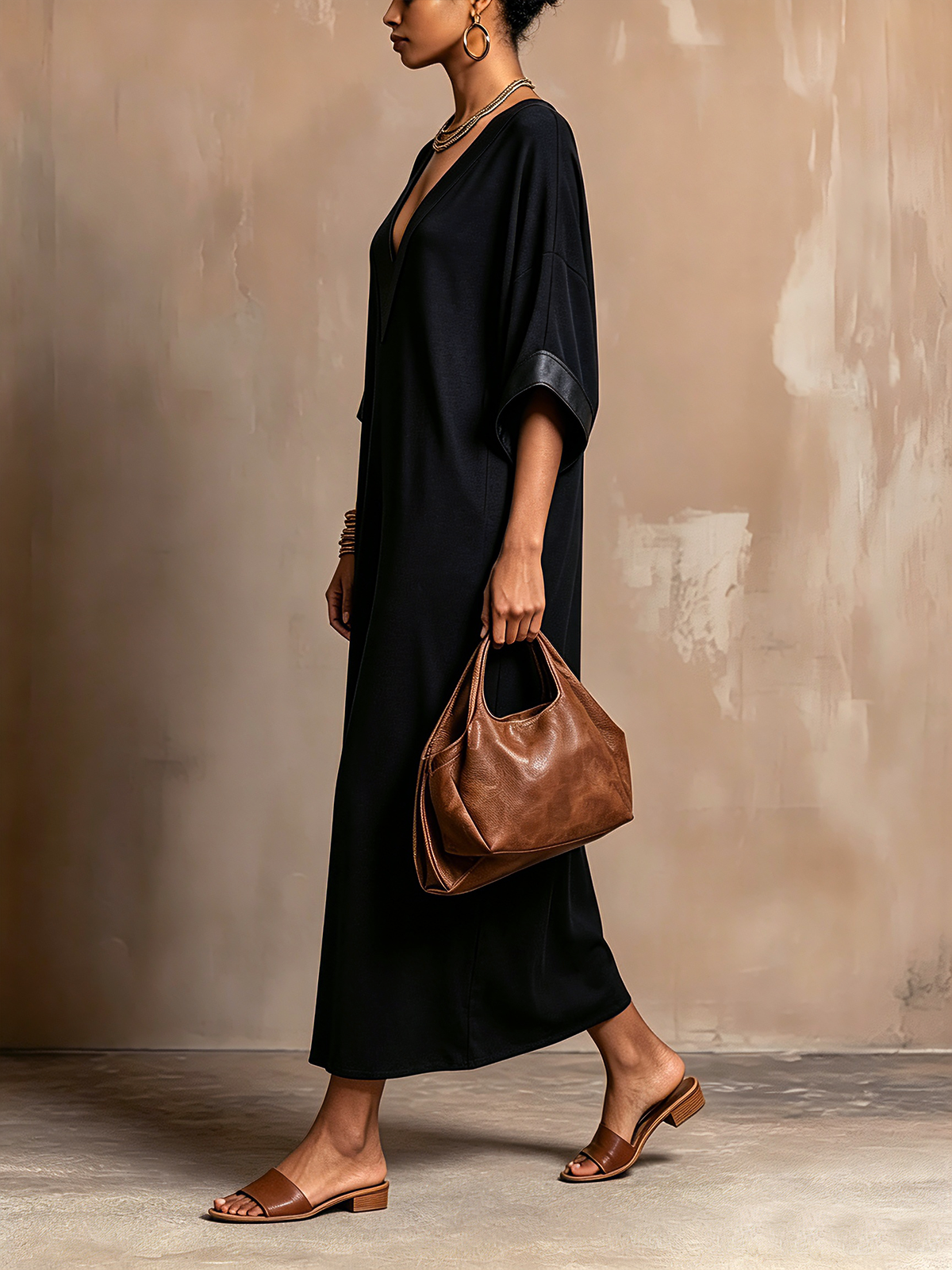 Black Faux Leather Trim V‑Neck Kaftan Maxi Dress