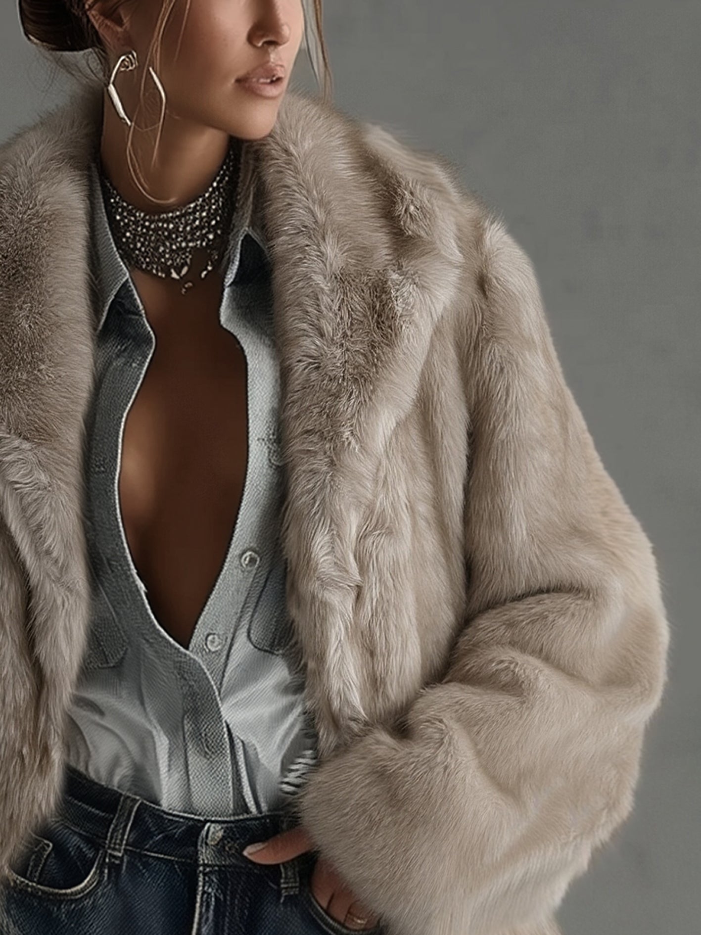 Soft Taupe Faux Fur Oversized Long Sleeve Coat