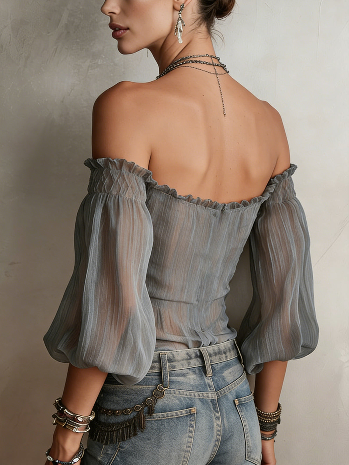 Gray Off-Shoulder Embroidered Chiffon Blouse