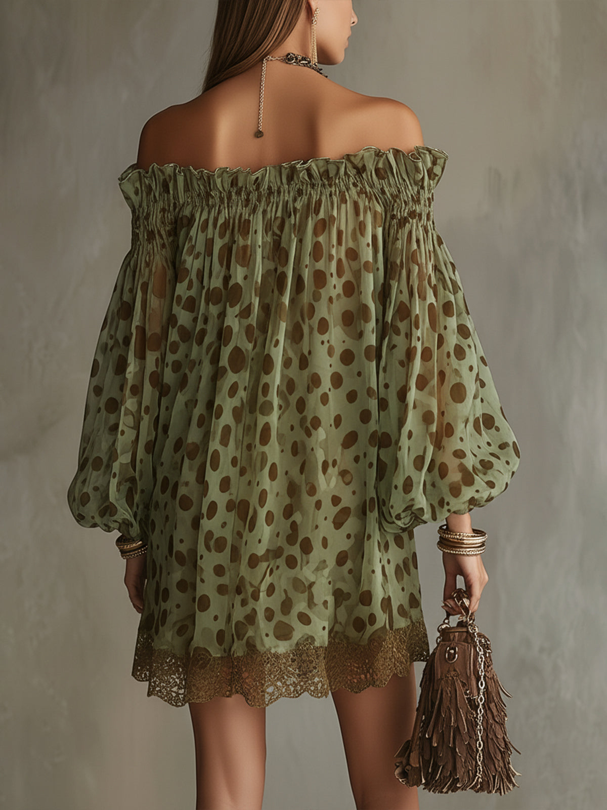 Olive Polka Dot Off-Shoulder Sheer Balloon-Sleeve Lace Hem Mini Dress