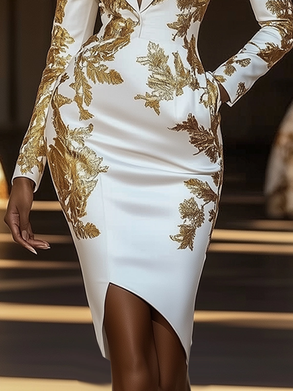 White Collared Bodycon Dress With Gold Floral Print And Pockets