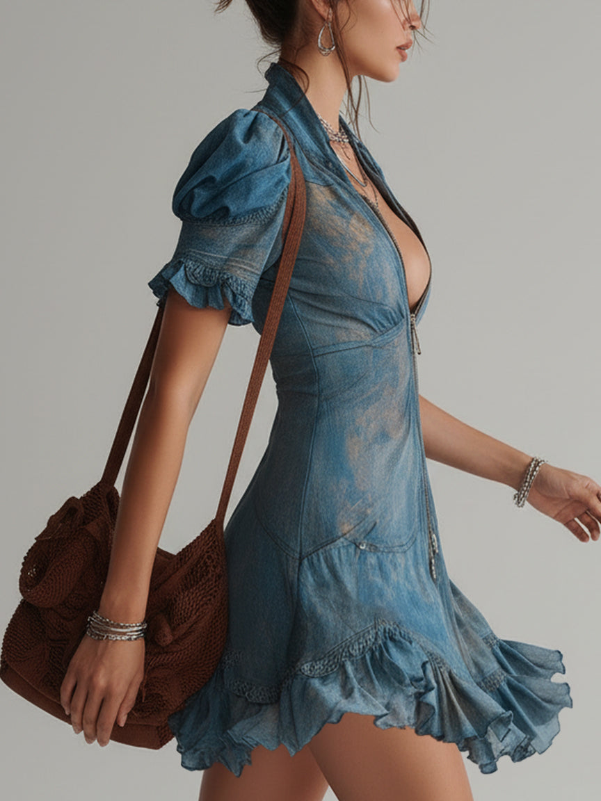 Blue Chiffon Floral Zip Up Mini Dress