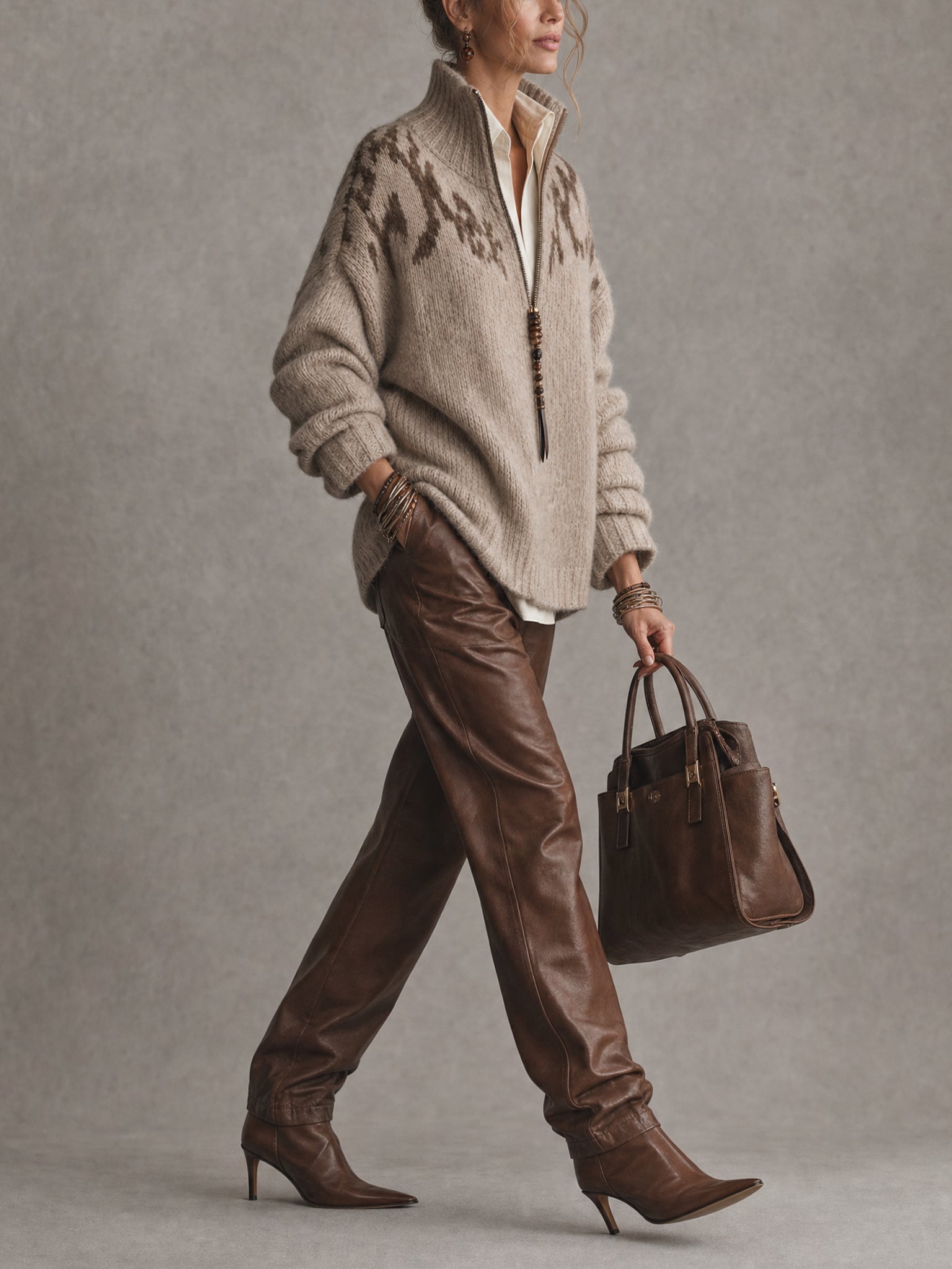 Brown Half Zip Oversized Leopard Knit Sweater
