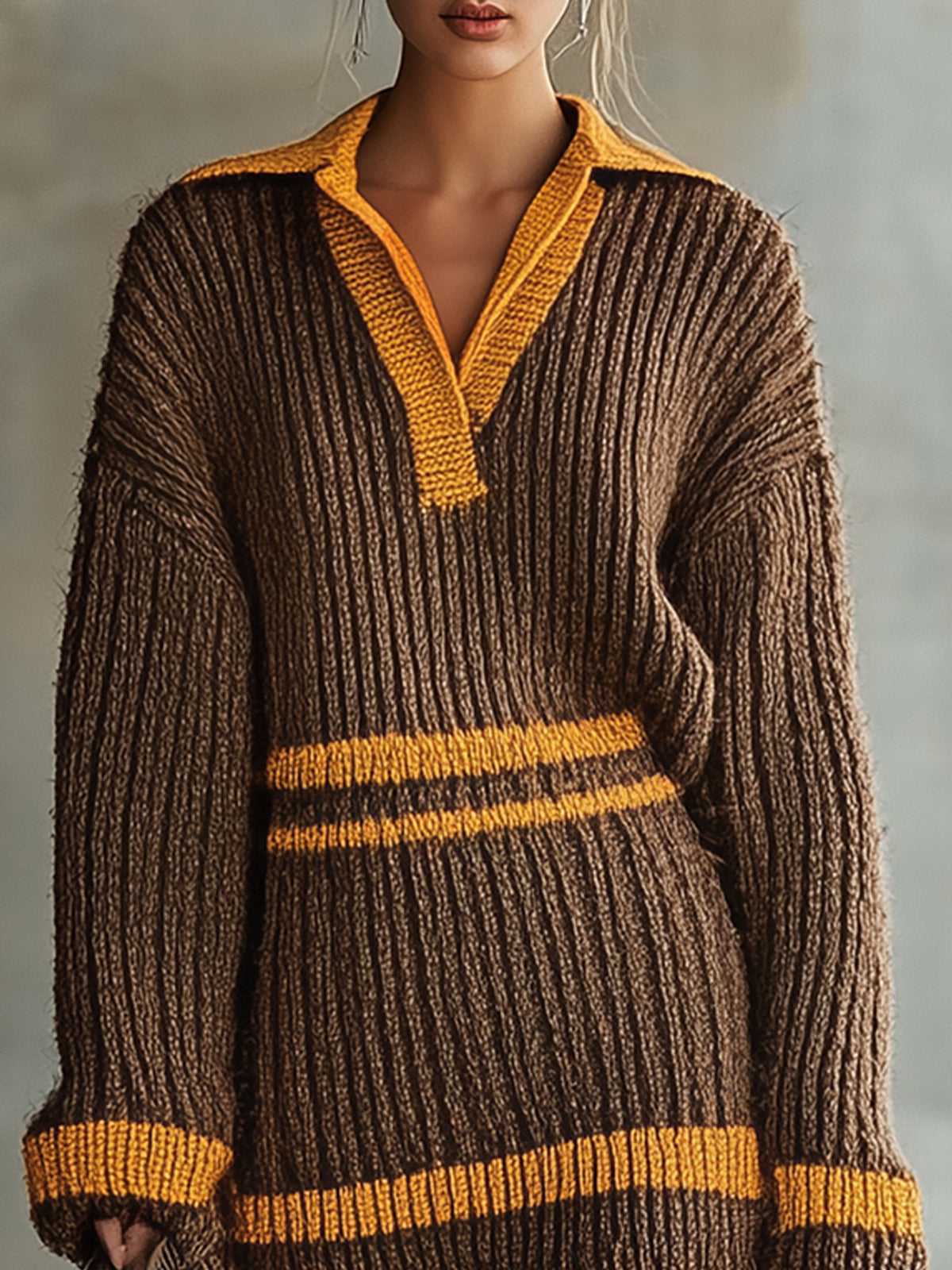 Brown Knitted Mini Dress With Orange Accents