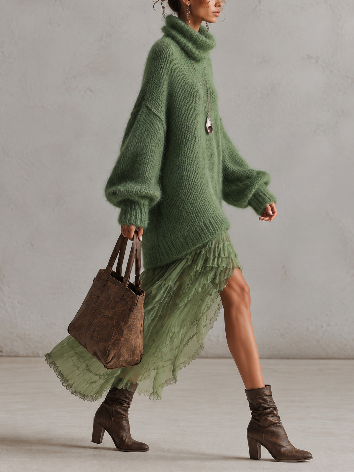 Green Oversized Mohair Knit Turtleneck Midi Dress With Chiffon Ruffle Hem