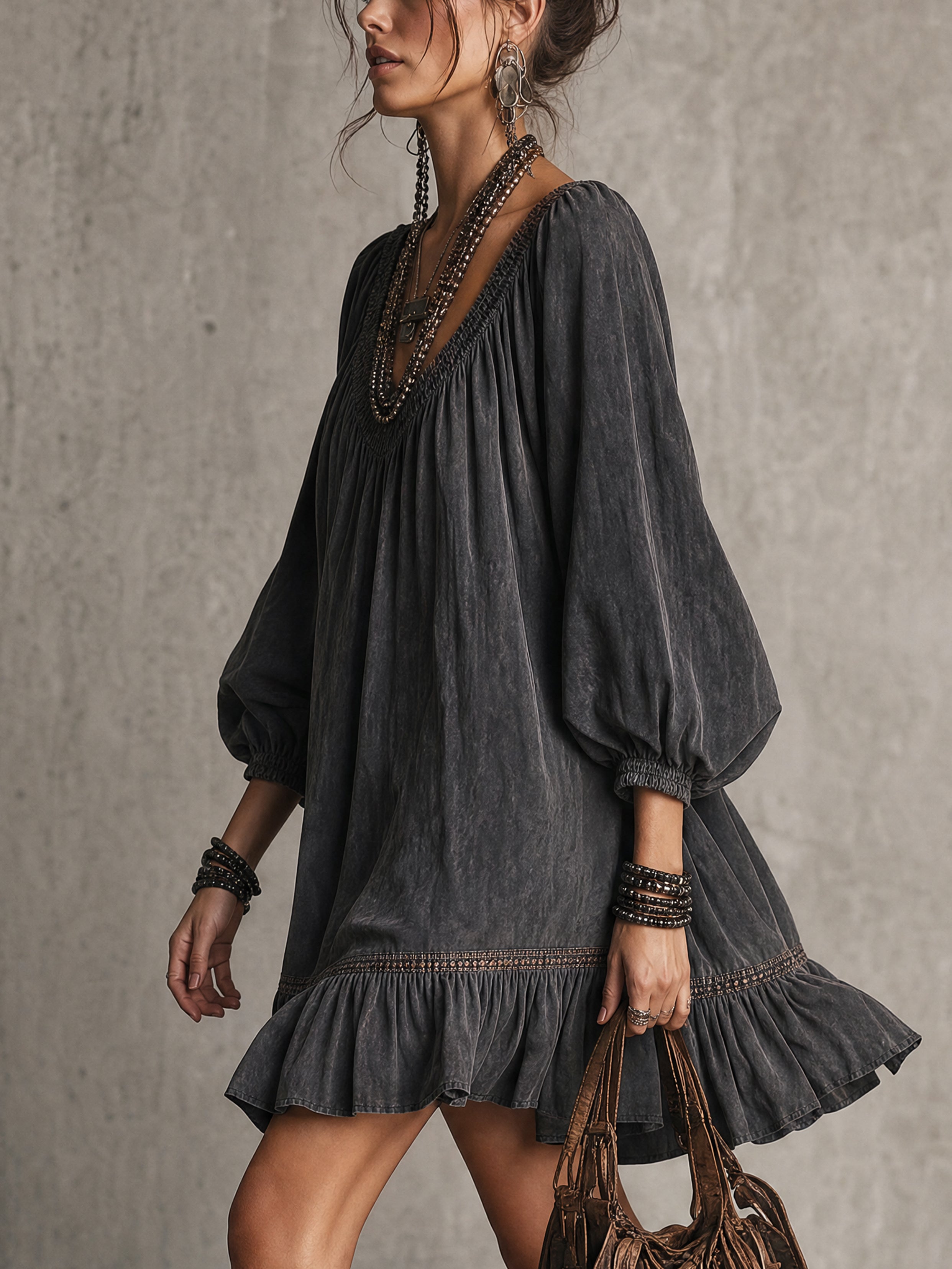 Black Washed Cotton V-Neck Loose Mini Dress