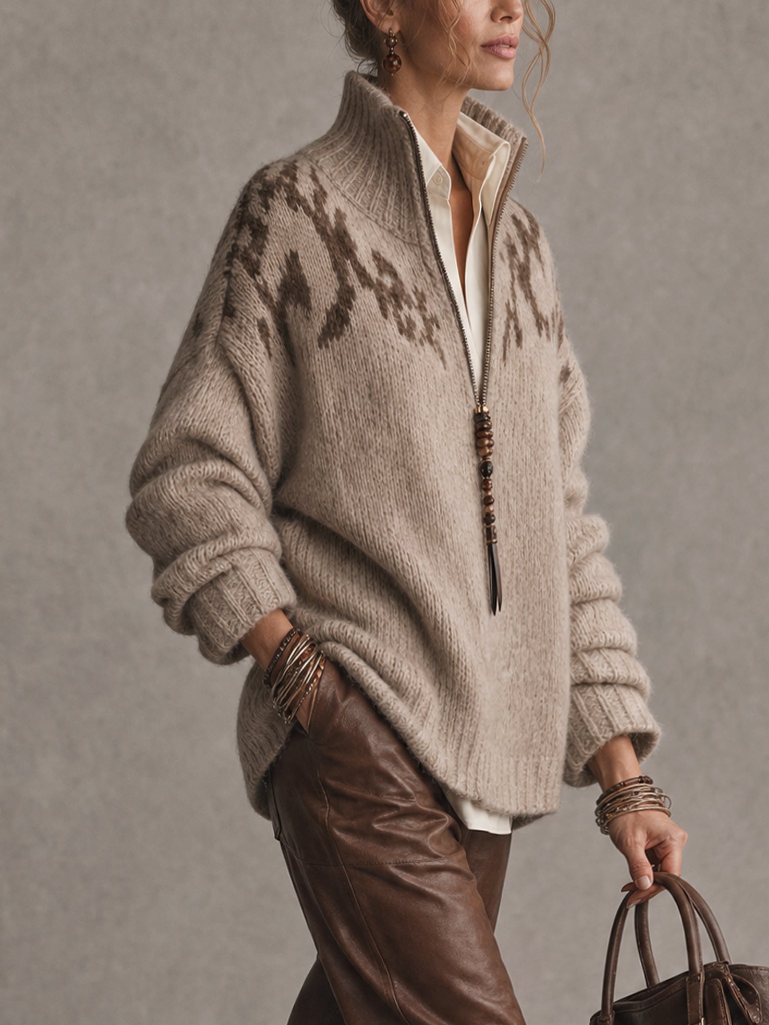 Brown Half Zip Oversized Leopard Knit Sweater