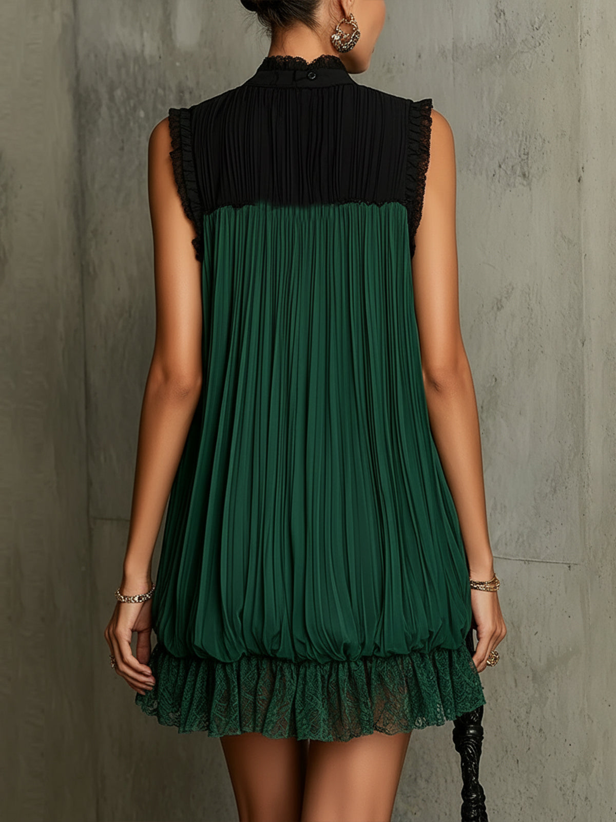 Green Pleated Chiffon Mini Dress With Black Lace Trim