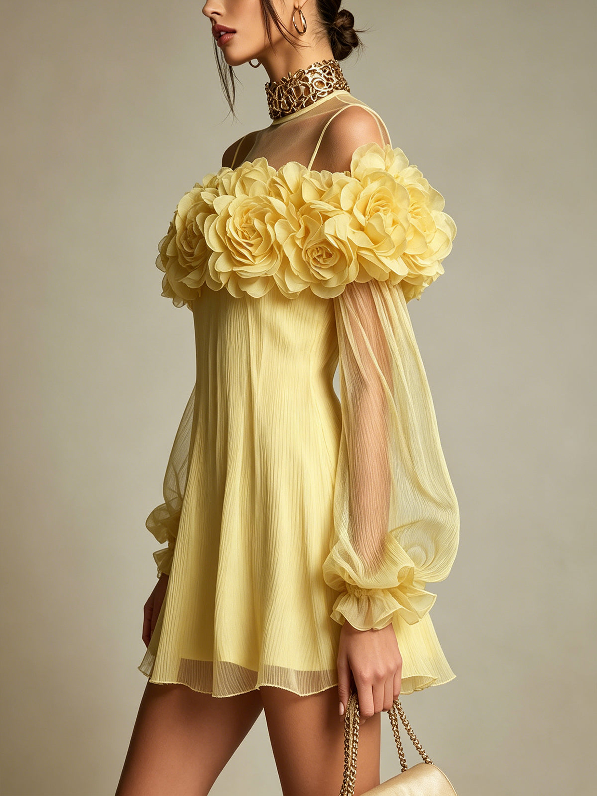Yellow 3D Floral Pleated Chiffon Mini Dress